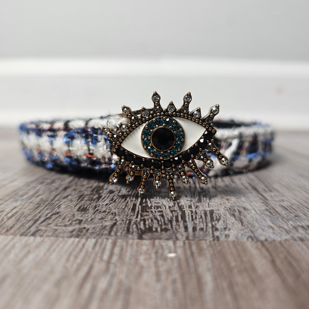 Kurt Geiger London Tweed Evil Eye Crystal Belt M/L Blue White Whimsigoth Witchy